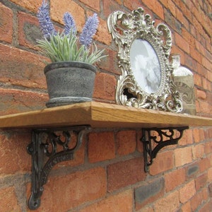 Solid Oak Wood Handmade Shelves rustic Shelf  22cm DEEP with cast iron shelf brackets 6&quot; COVENT GARDEN antique iron