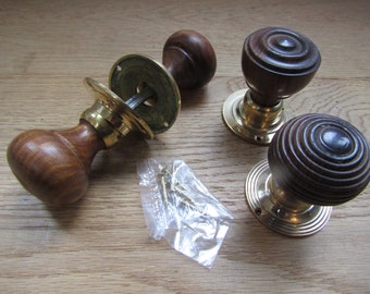 TEAK & BRASS wooden Door Rim Knobs classic retro rustic antique vintage traditional cottage lever rim lock latch handles