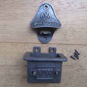 VOLKSWAGEN German car Beer Soda Bottle Opener cap catcher cast iron rustic vintage wall mounted Opener Great Item for Bar, Kitchen or Patio