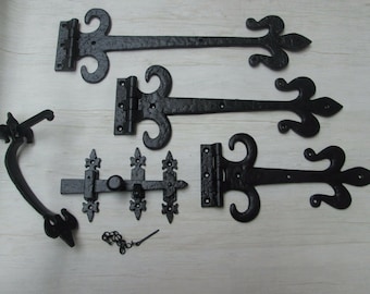 Black Antique Cast iron FLEUR DE LYS With Curls hinges and 9" cottage thumb latch vintage Tudor gothic old style door tee hinges t hinge set