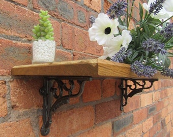 Solid Oak Wood Handmade Shelves rustic Shelf  22cm DEEP with cast iron shelf brackets 6" WATERLOO antique iron