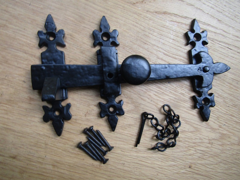 CAST IRON DOOR Latch rustic iron door privacy catch latch victorian cottage gothic vintage old style Fleur de lys BLK