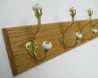 UK Handmade Solid Oak Wood Rustic Wooden Wall Mounted Hat and Coat Hook Rail Rack Hanger Coat Rail solid brass Gloucester ceramic hooks