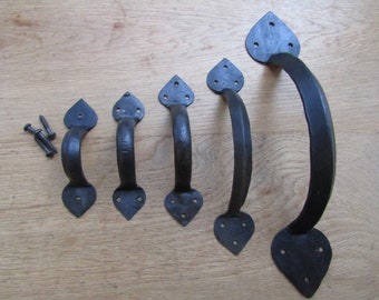 HAND FORGED BLACKSMITH wrought iron rustic old forge cabinet cupboard door pull handles vintage country cottage old English spear leaf end