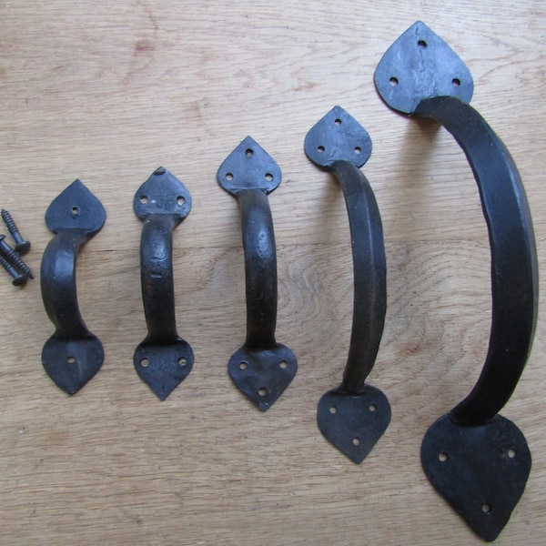 HAND FORGED BLACKSMITH wrought iron rustic old forge cabinet cupboard door pull handles vintage country cottage old English spear leaf end