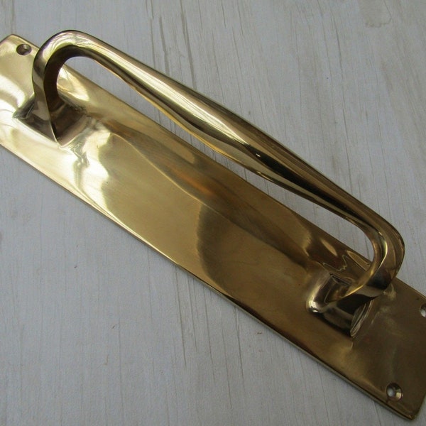 PULL HANDLE On PLATE Solid brass victorian Vintage old English retro pub café hotel door pull handle Polished brass