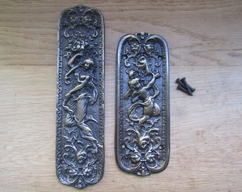 ANTIQUE BRASS cast iron rustic old victorian ornate vintage style decorative fancy finger plate door push plate