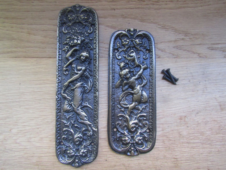 ANTIQUE BRASS cast iron rustic old victorian ornate vintage style decorative fancy finger plate door push plate image 1