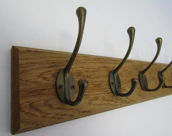 UK Handmade Solid Oak Wood Rustic Wooden Wall Mounted Hat and Coat Hook Rail Rack Hanger Coat Rail Cast iron victorian hooks in 4 colours