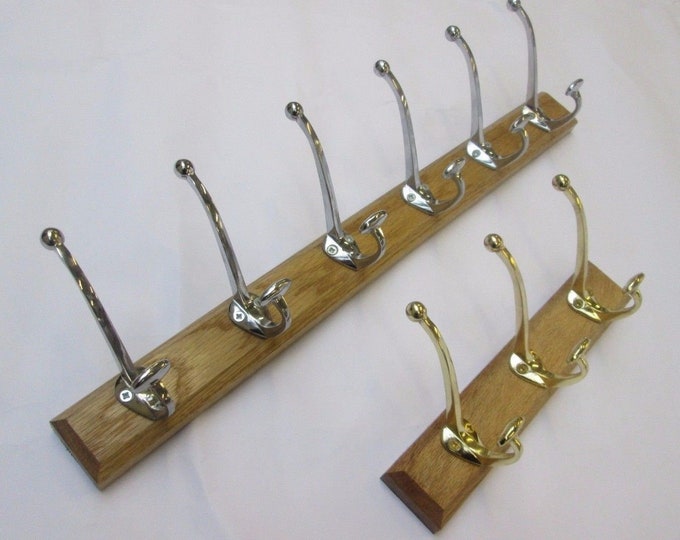 Featured listing image: UK Handmade Solid Oak Wood Rustic Wooden Wall Mounted child's coat Hook Rail Rack Pegs Hanger Solid Brass small bowler hooks