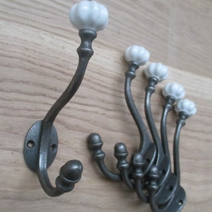 Pack Of 5 SMALL PUMPKIN White ceramic hook Cast iron Rustic hat and coat hooks vintage retro old antique hanging hooks pegs ANTIQUE iron