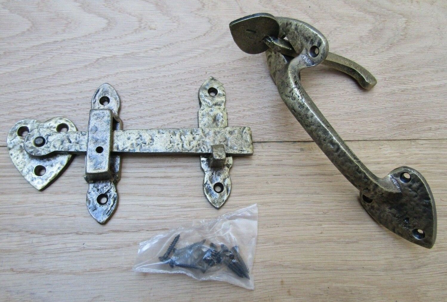Antique Brass CAST IRON SPEAR hinges and 7 cottage thumb latch vintage