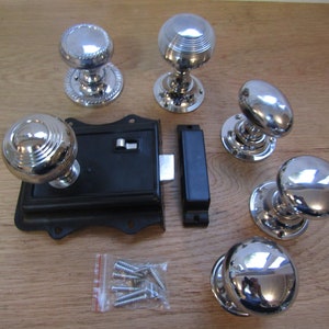 POLISHED CHROME Rim knob and Olde rim latch set old victorian retro style vintage door pull handles  Bedroom bathroom door knobs lock