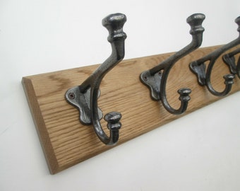 UK Handmade Solid Oak Wood Rustic Wooden Wall Mounted coat Hook Rail Rack Hanger Coat Rail Cast iron Balmoral hooks in 2 Colours