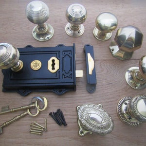 SOLID BRASS rim knob & Black antique cast iron davenport lock set old rustic retro style vintage country cottage period home door handles