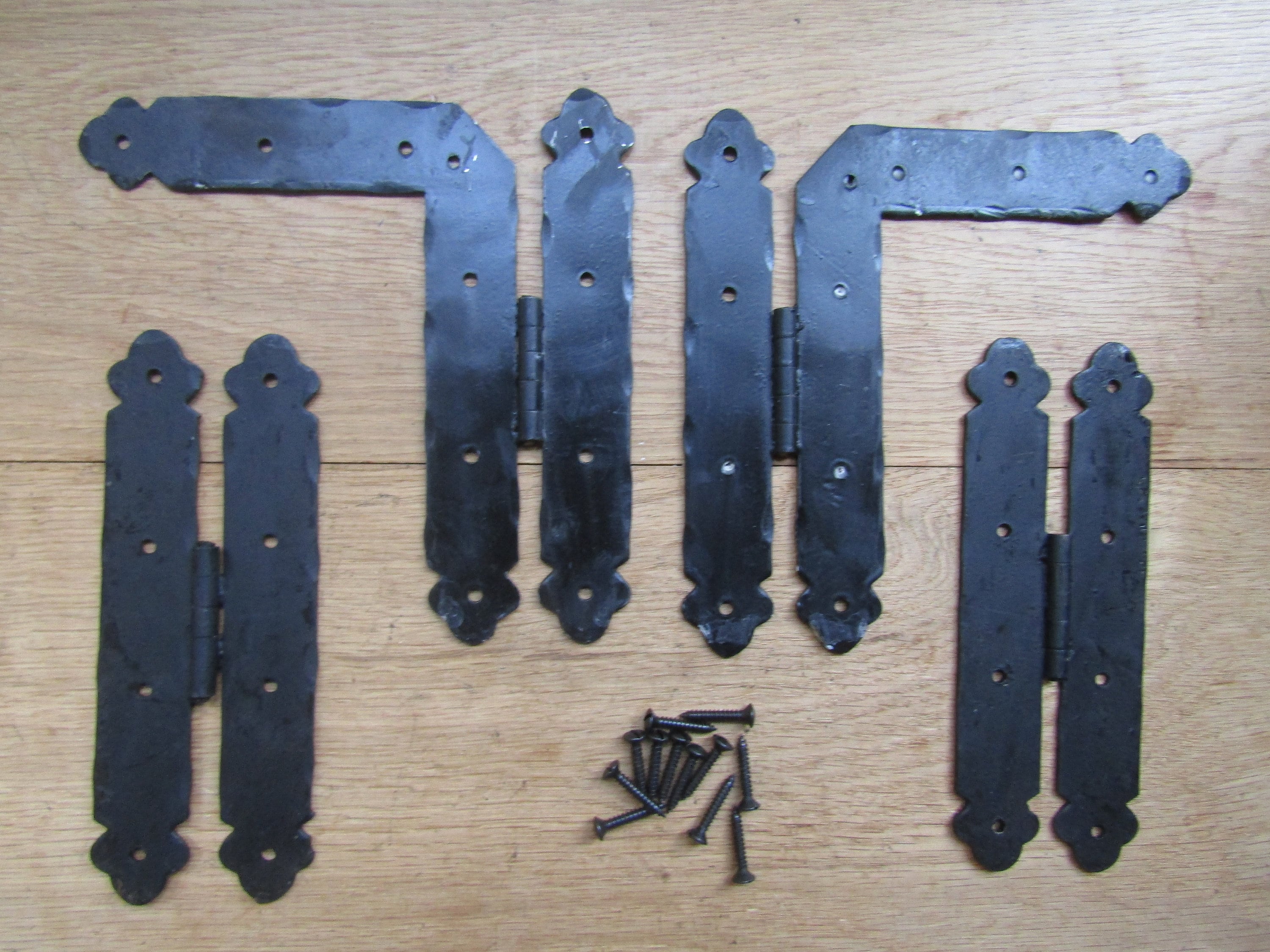 Pair of ORNATE H L HINGE Hand wrought iron blacksmith door old