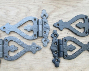 PAIR Of ORNATE fancy cast iron rustic kitchen cabinet cupboard door hinges vintage old english country cottage decorative hinges retro hinge