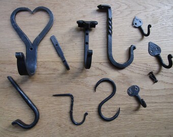 Pack of 5 HANDFORGED BLACKSMITH rustic wrought iron hooks vintage old country iron hanging hooks cottage kitchen hand forged BLACK