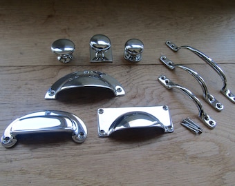 Solid brass POLISHED CHROME Vintage Kitchen furniture cabinet cupboard drawer pull handles knobs rustic vintage retro upcycle restoration