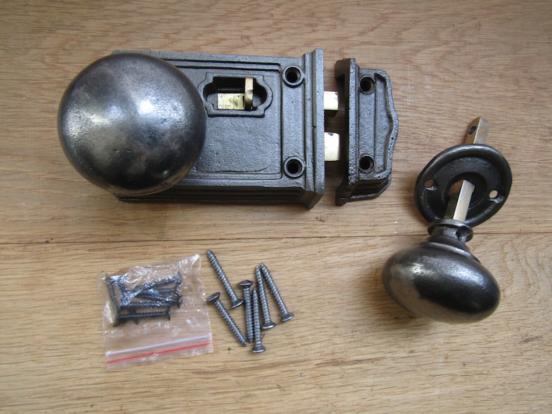 Massivt gjutjärn, dörrknopp och låslås, antika järn rustika vintage lantlig viktorianska dörrknoppar, handtag Small Latch cottage