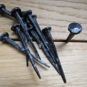May include: A group of ten black metal nails with pointed tips, lying on a wooden surface. One nail is standing upright.