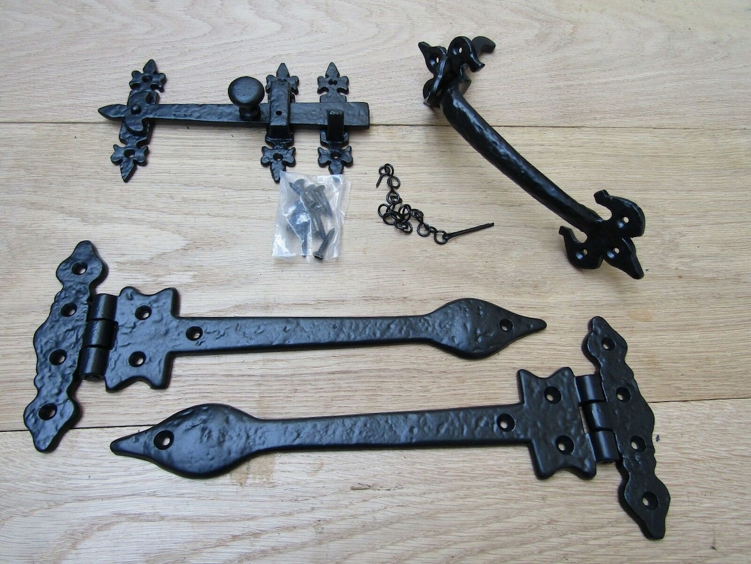 Cast Iron Door Hinges & Thumb Latch Set - Vintage Tudor Gothic