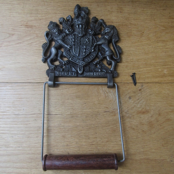 Cast Iron rustic wc lavatory washroom toilet roll holder loo roll holder Antique iron DIEU ET Mon Droit -motto of the monarch UK