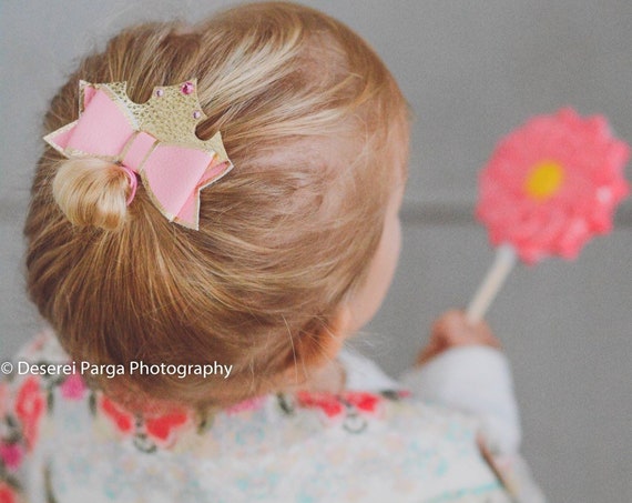 Pink Princess Disney Leather Hair bow with crown and crystals