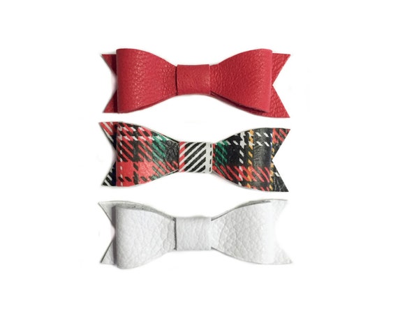 Christmas hair bows for toddlers. Plaid, white and red leather hair bow set.