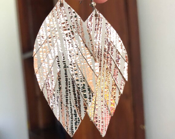 Feathered rose gold leather earrings for women