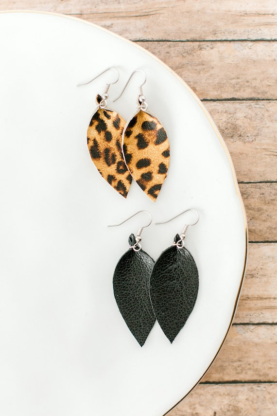 Small Leopard or Black Leather Earrings