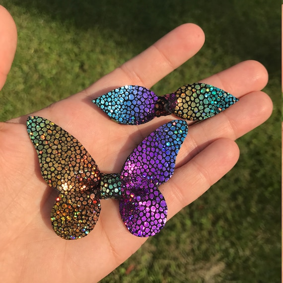 Mermaid, butterfly bow, rainbow, leather, knot hair bow, birthday bows, mermaid bow, sparkle bows, costume, rainbow clip, leather hair bows