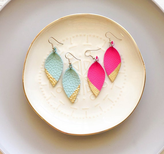 Small Leather Teardrop earrings in ivory, camel or nude with hand painted gold tip