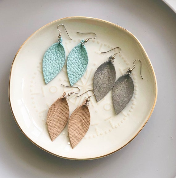 Leather earrings teardrop small. womens neutral small leather earrings. mint, gray or tan leather earrings. handmade leather earrings
