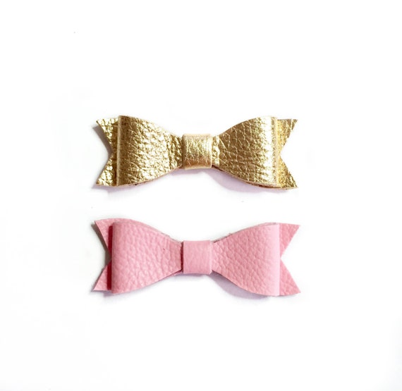 Mini Leather Baby Bows in Pink and Gold