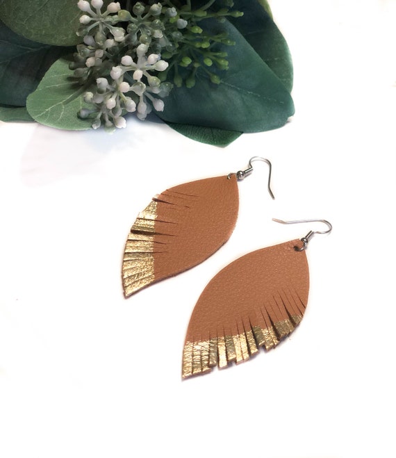 Feather Earrings- leather earrings- statement jewelry- teardrop leather earrings- feather painted earrings- leaf earrings- camel earrings