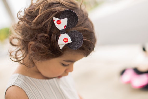 Metallic red bow, mouse ears, toddler bows, leather bow clips, polka dot bow, white leather bow, baby girl hair bows, red dots bow