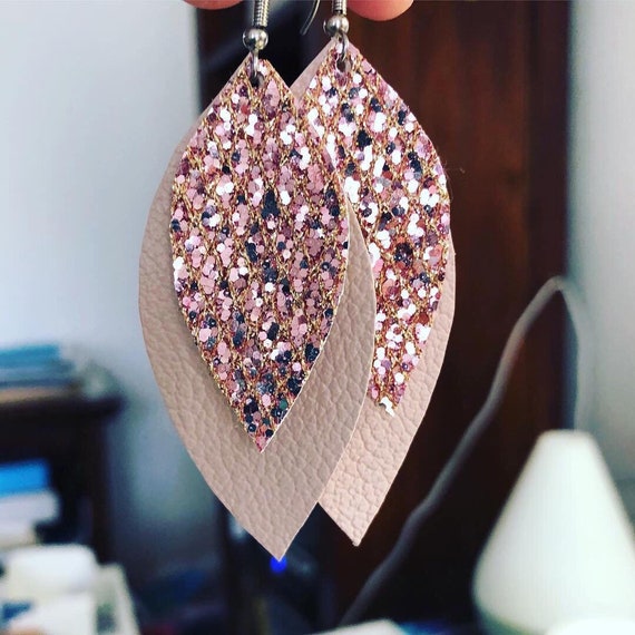 Double layer Rose Gold leather leaf Earrings with sparkle center
