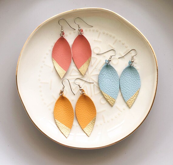 Leather earrings teardrop small. womens neutral small leather earrings. mustard, coral and light blue leather earrings. leaf leather earring