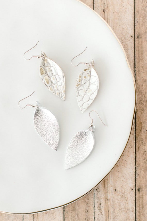 Leather teardrop earrings in silver and white alligator print
