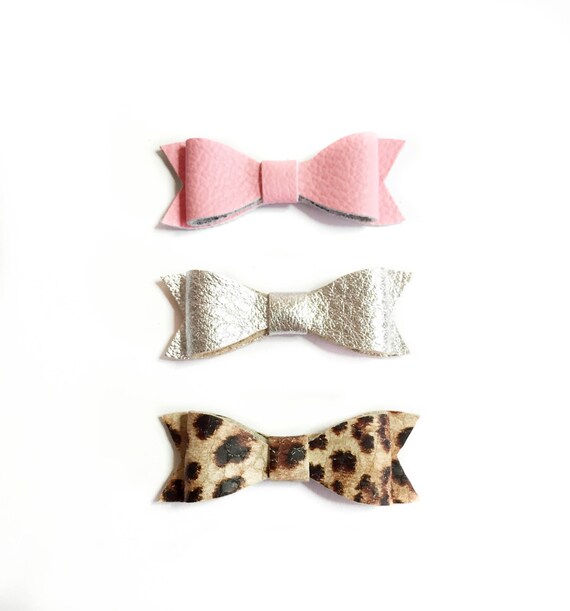 Leather Baby Bow Clips - baby girl barrettes - leopard print bow - baby pink bow - baby shower gift - leather bows - baby girl bows