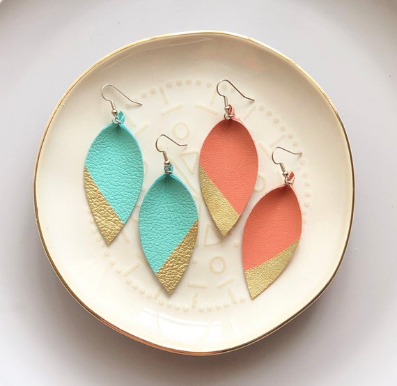 Large Leather Spring Earrings in mint or coral. Hand Painted with gold tip.