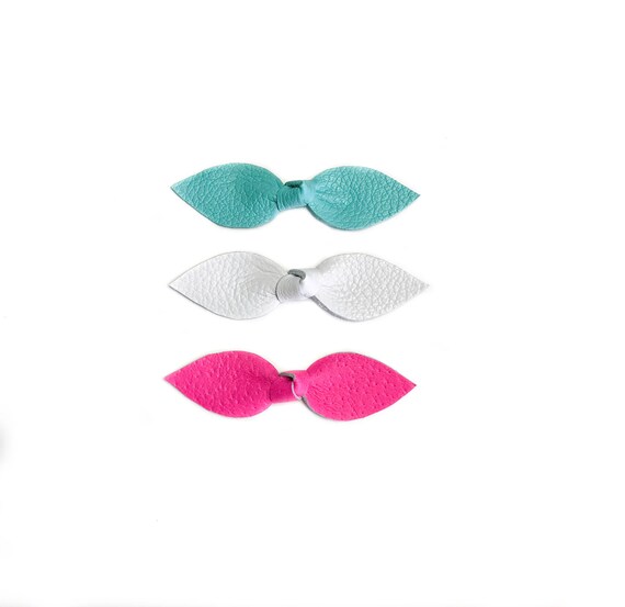 Leather Knot Hair Clips: Neon pink, white and mint by Four Jays