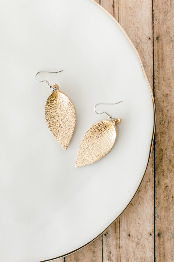 Womens Small Gold Leather Earrings