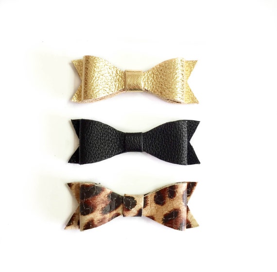 Small Leather Hair Bows: gold, black and leopard