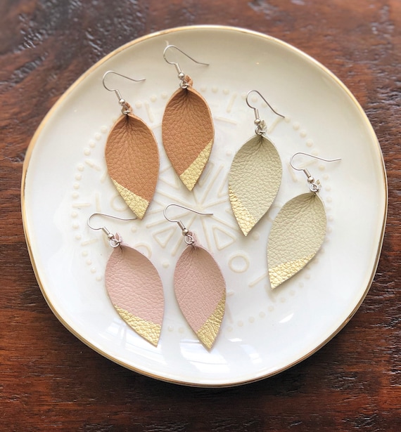 Small Leather Teardrop earrings in ivory, camel or nude with hand painted gold tip