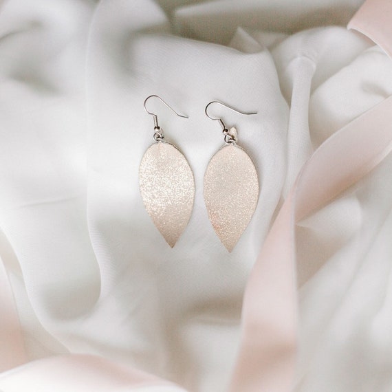 Small Cream Sparkle Rose Gold Leather Earrings