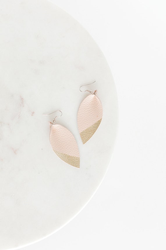 Leather Nude earrings with gold tips, womens leather earrings, teardrop earrings, dangle and drop, handmade, jewelry, neutral earrings