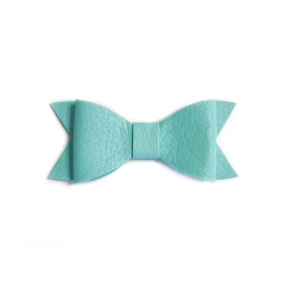 Real leather hair bow, handmade hair bow in mint by Four jays bows