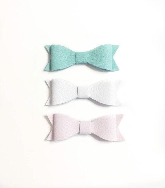 Mini Leather Hair Bows: Light pink, white and mint